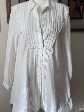 Free People Ivory Button-Front Pintuck Dress with pockets